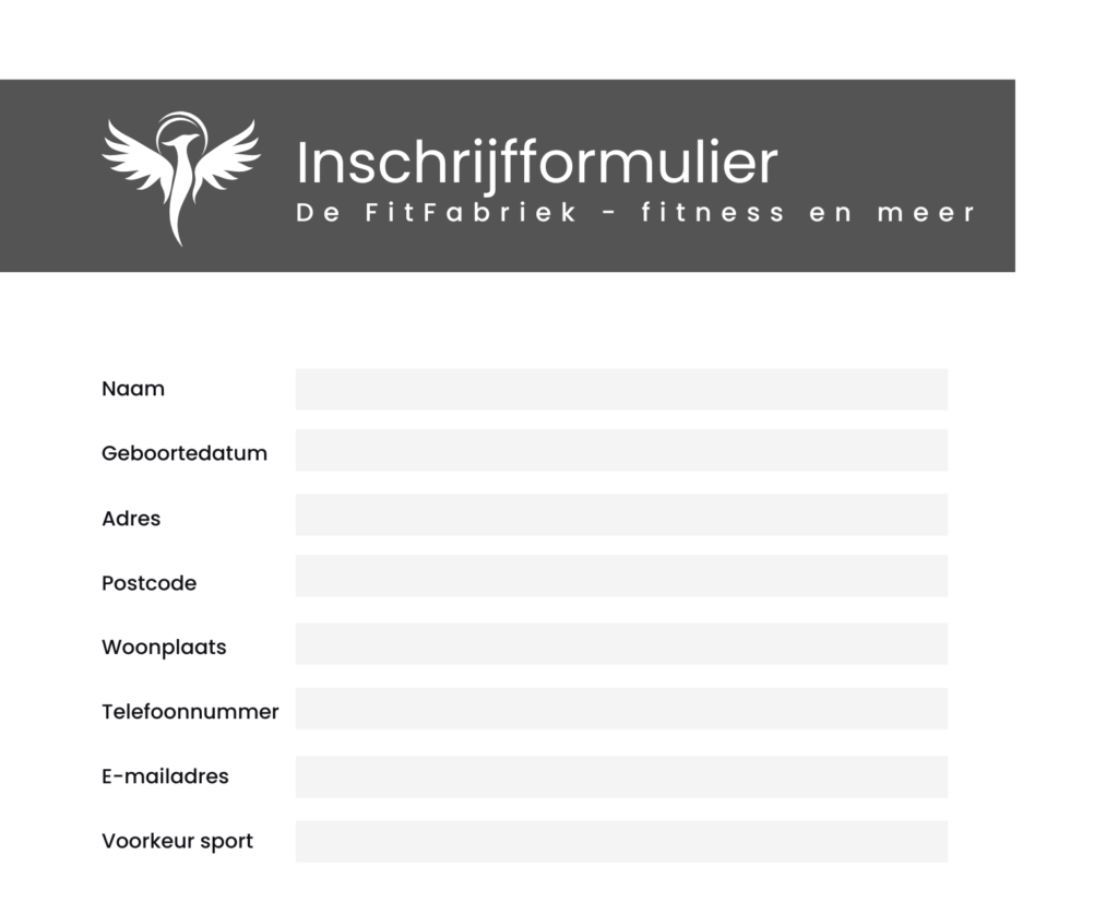 Registration form gym membership